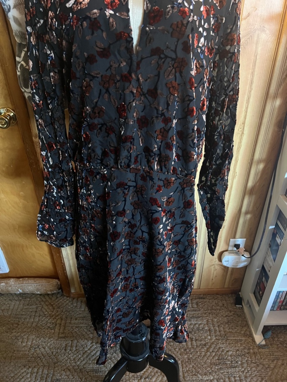 Sam Edelman Black Long-Sleeve Floral Foil Dress with Red Accents